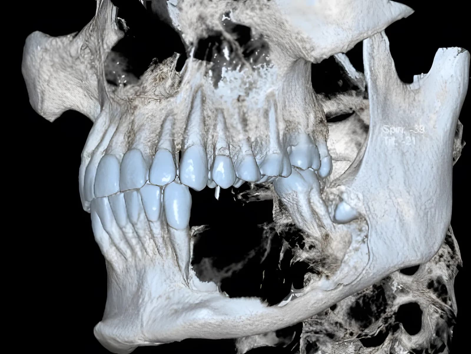 Tomografia em 3D da mandíbula mostrando uma lesão